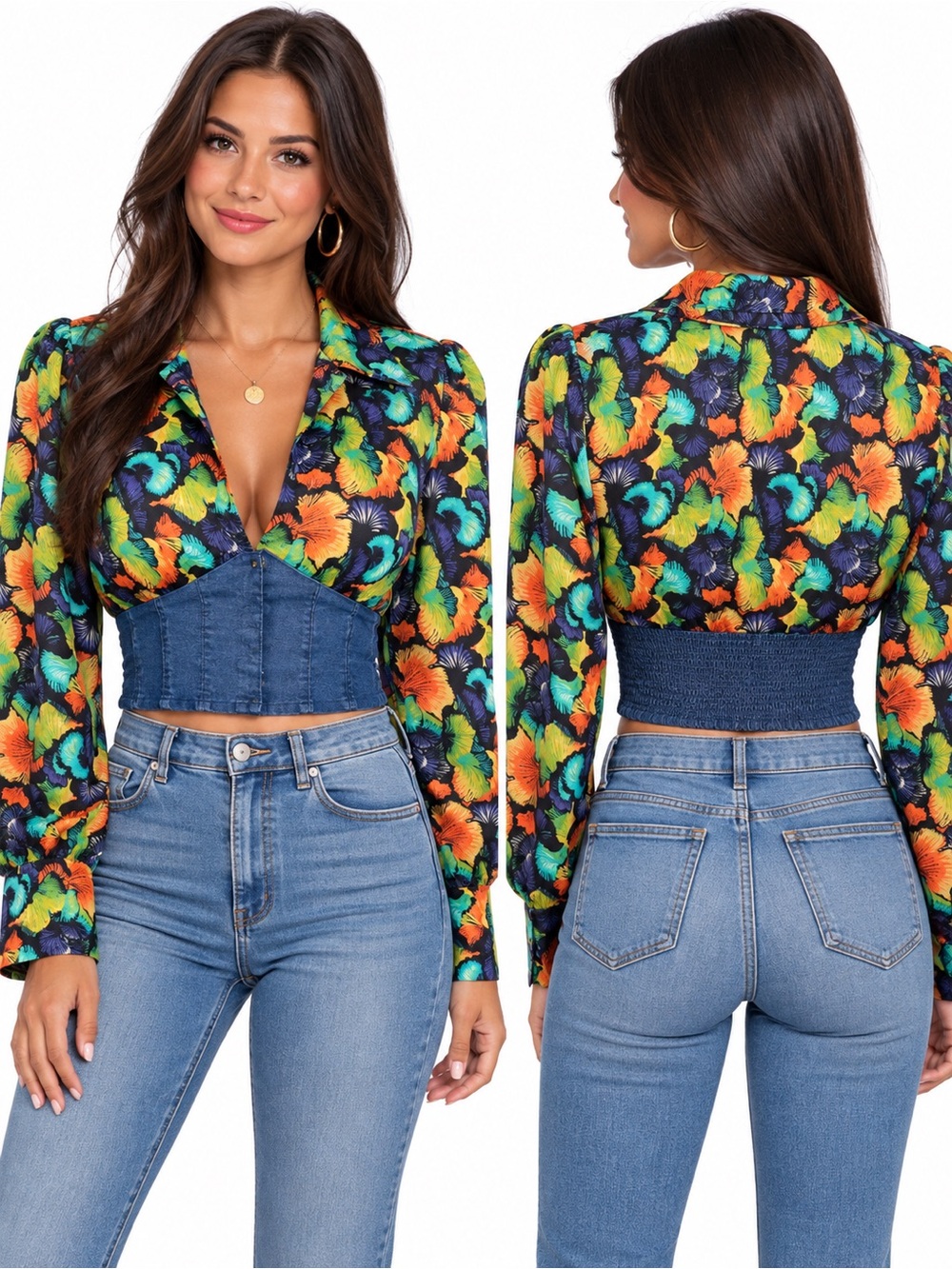 IT’S L Colorful Floral Print Cropped Blouse Structured Denim Waist Deep V Neck